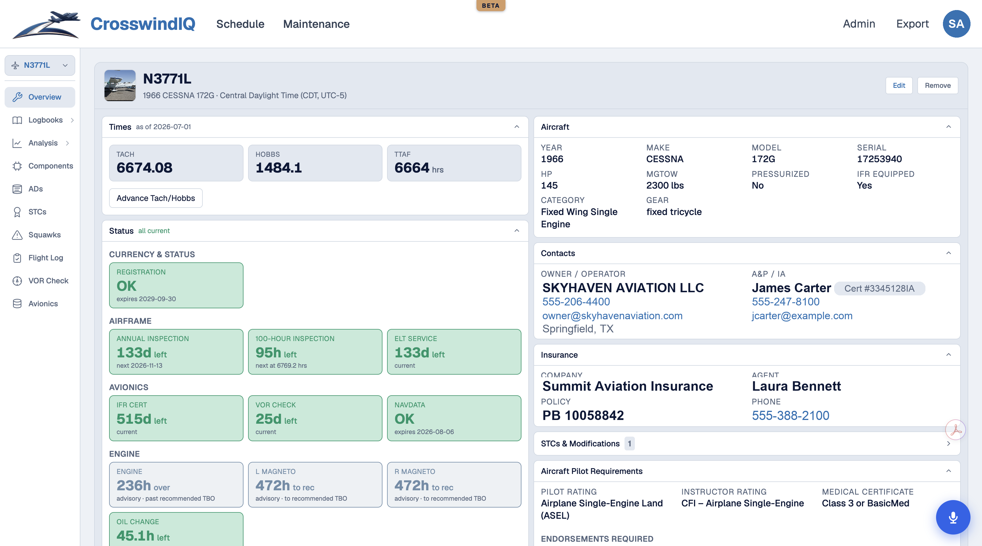 CrosswindIQ aircraft overview showing times, status tiles, and contacts
