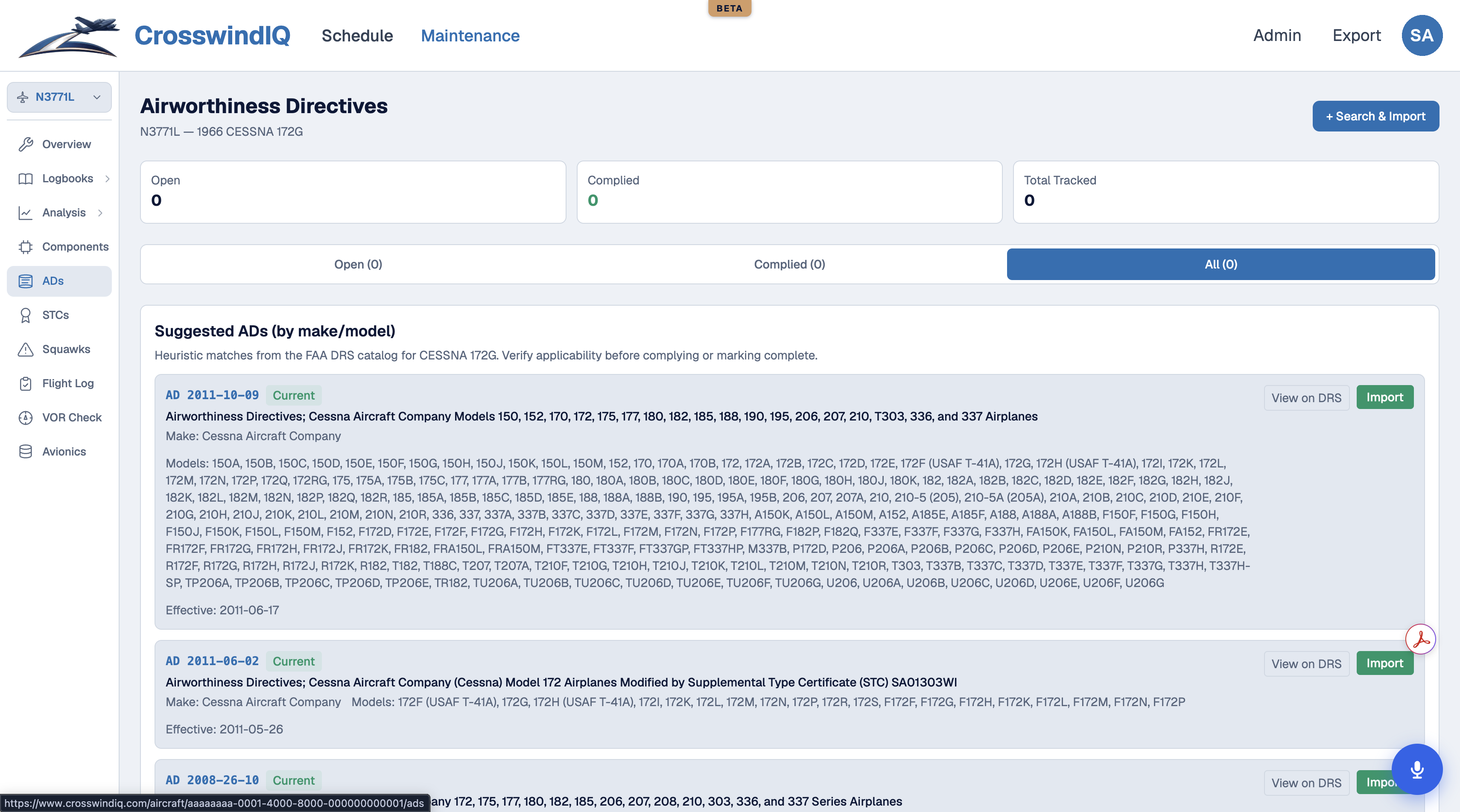 Airworthiness Directives page with suggested ADs for the make and model